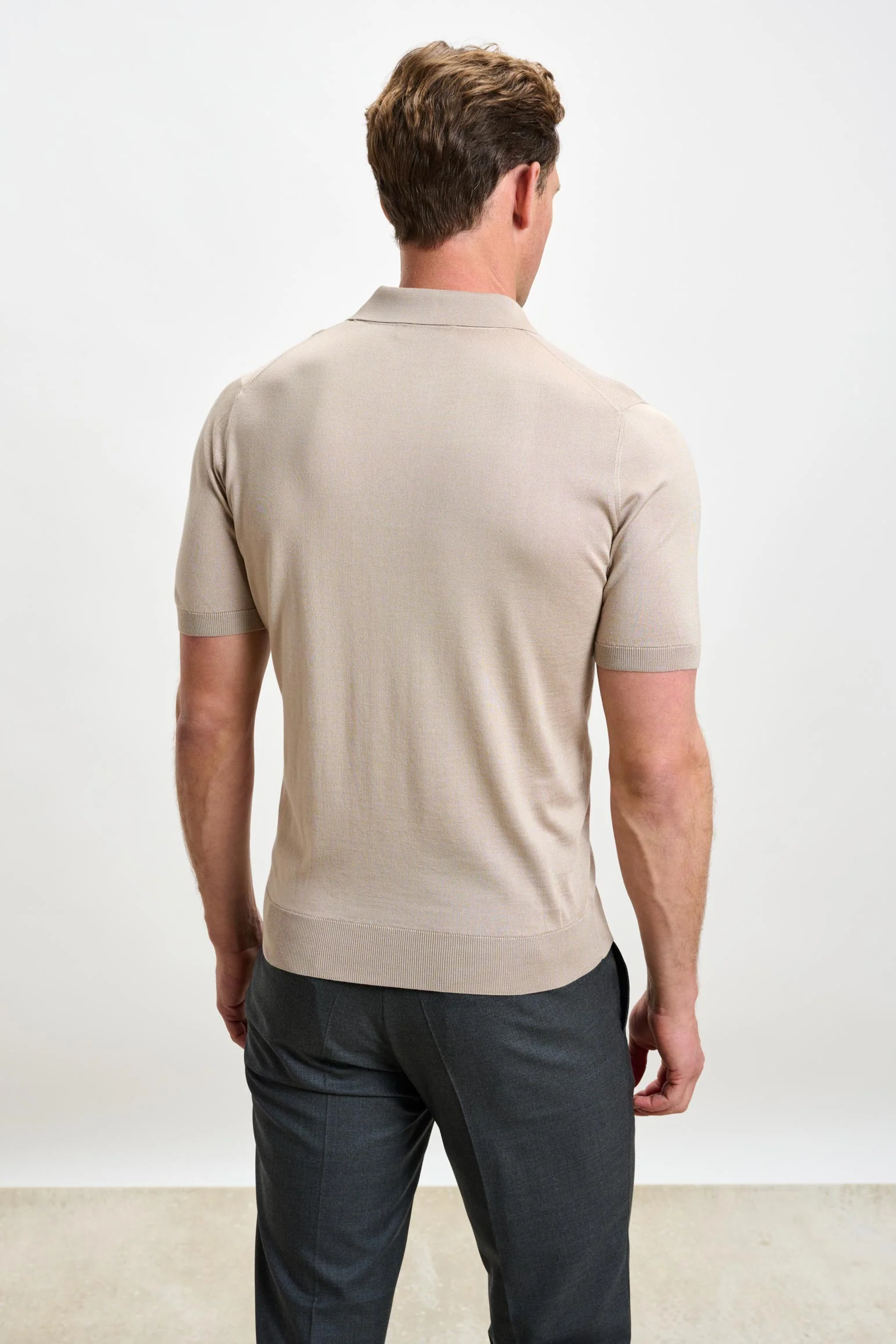 Wood Beige Silk Knitted Kendal Short Sleeve 3 Button Polo Shirt - Image 3
