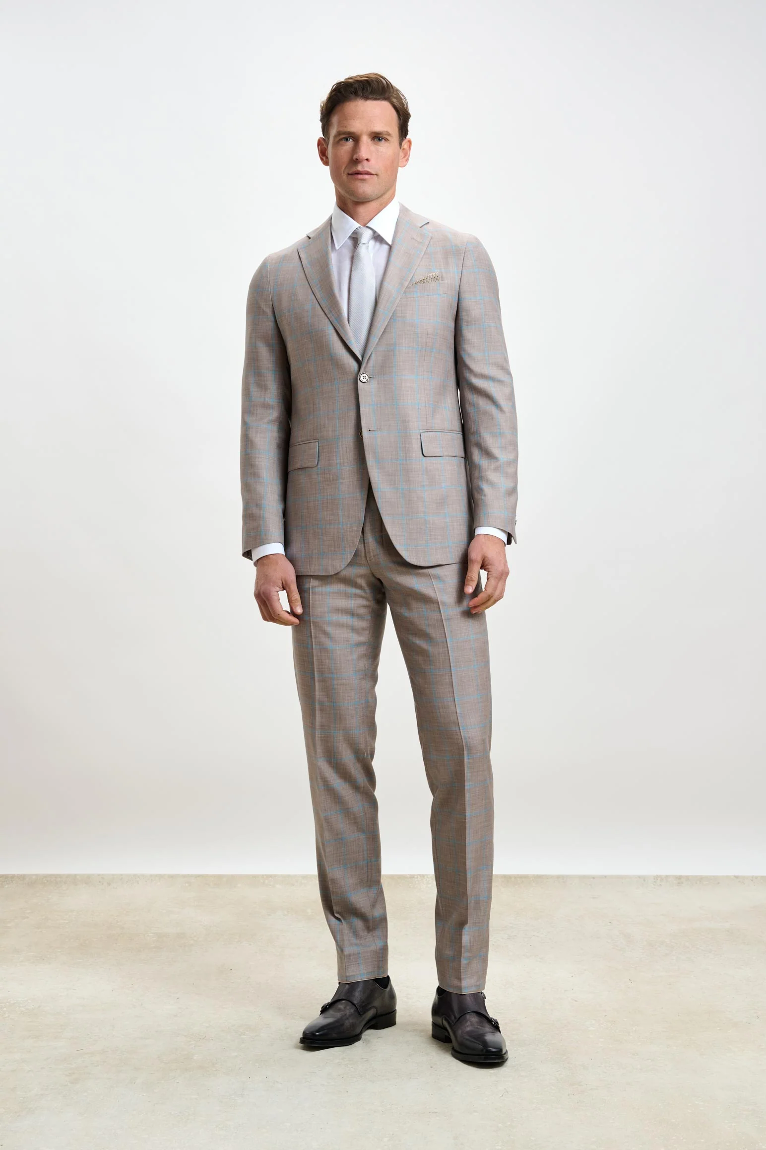 Beige Turquoise Check Kenton Suit Sleek