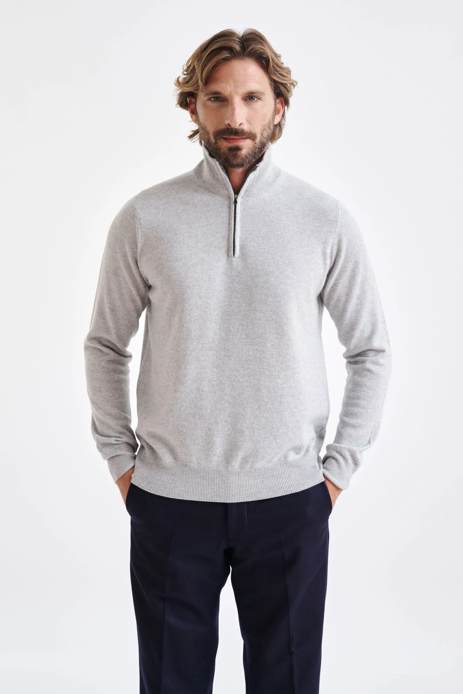 Light Grey Melange Wool & Cashmere Plockton Zipped Mock Neck Sweater