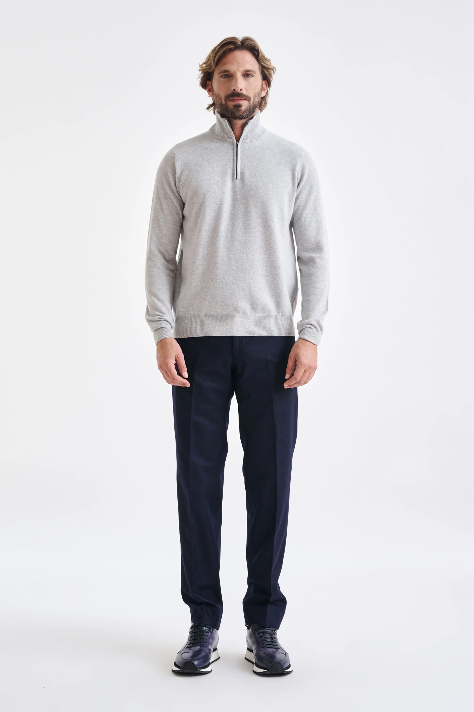 Light Grey Melange Wool & Cashmere Plockton Zipped Mock Neck Sweater - Image 3