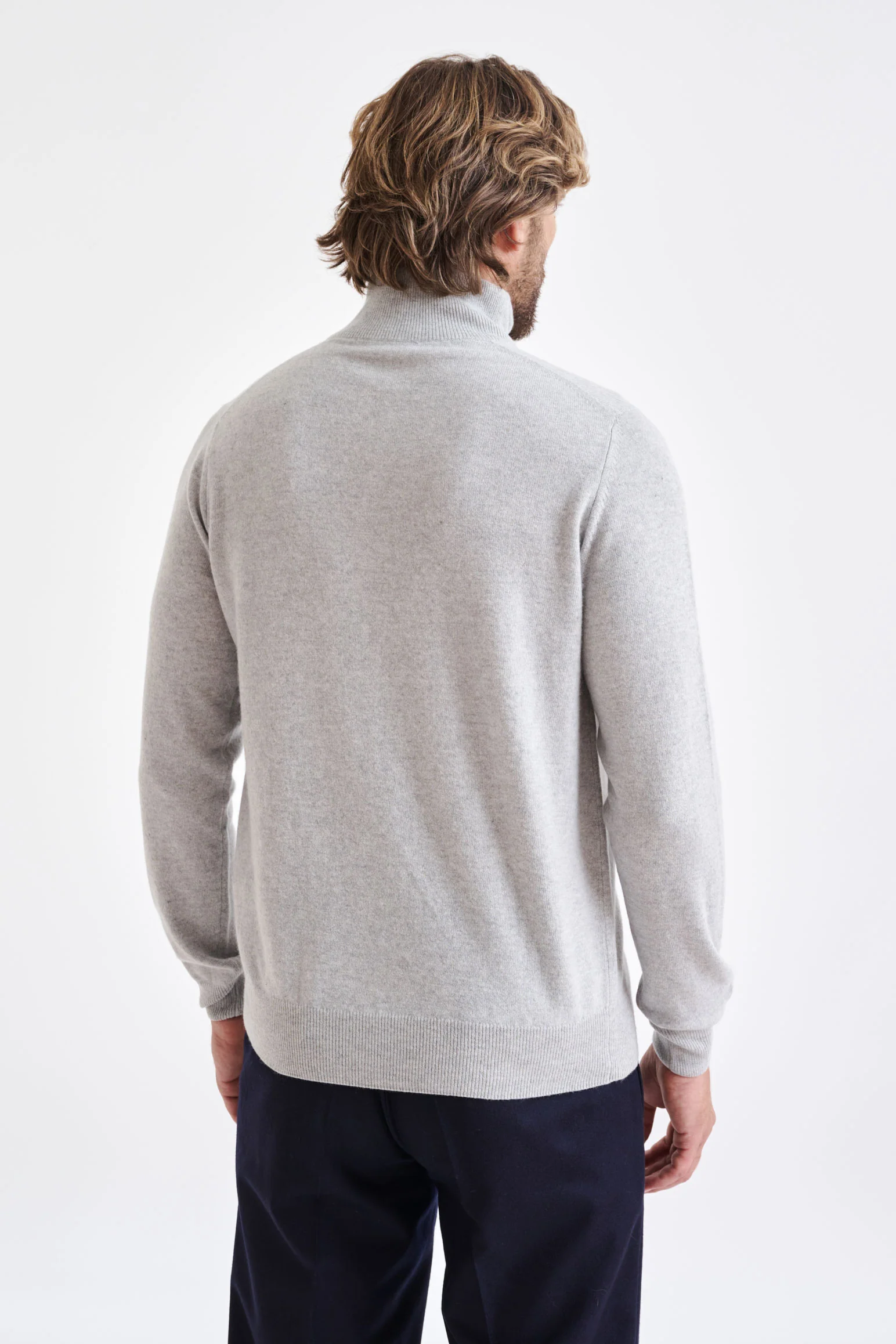 Light Grey Melange Wool & Cashmere Plockton Zipped Mock Neck Sweater - Image 4