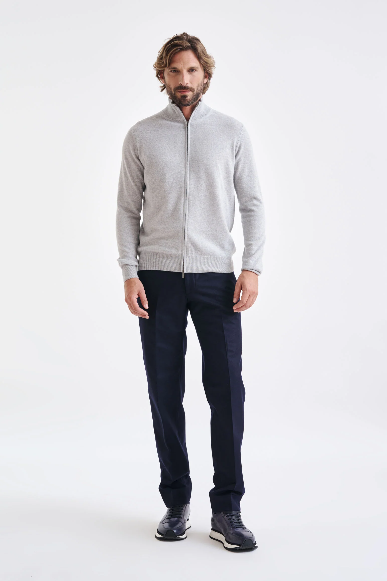 Light Grey Melange Wool & Cashmere Thurso Full Zip Sweater - Image 3