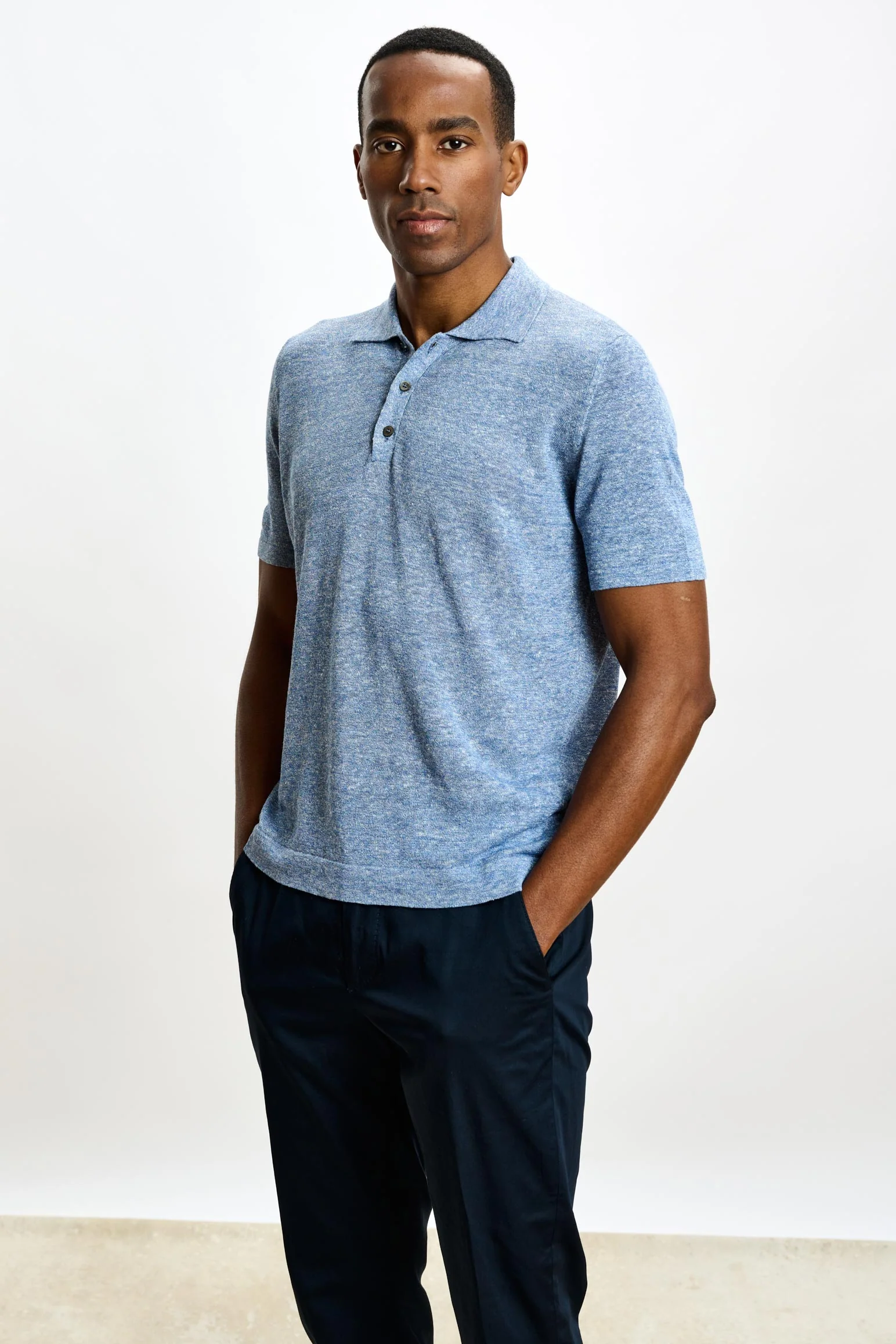 Blue Linen & Cotton Kelso Knitwear Polo - Image 2