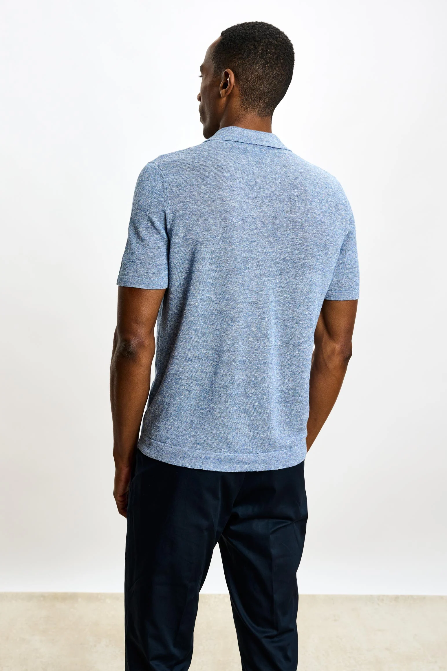 Blue Linen & Cotton Kelso Knitwear Polo - Image 4