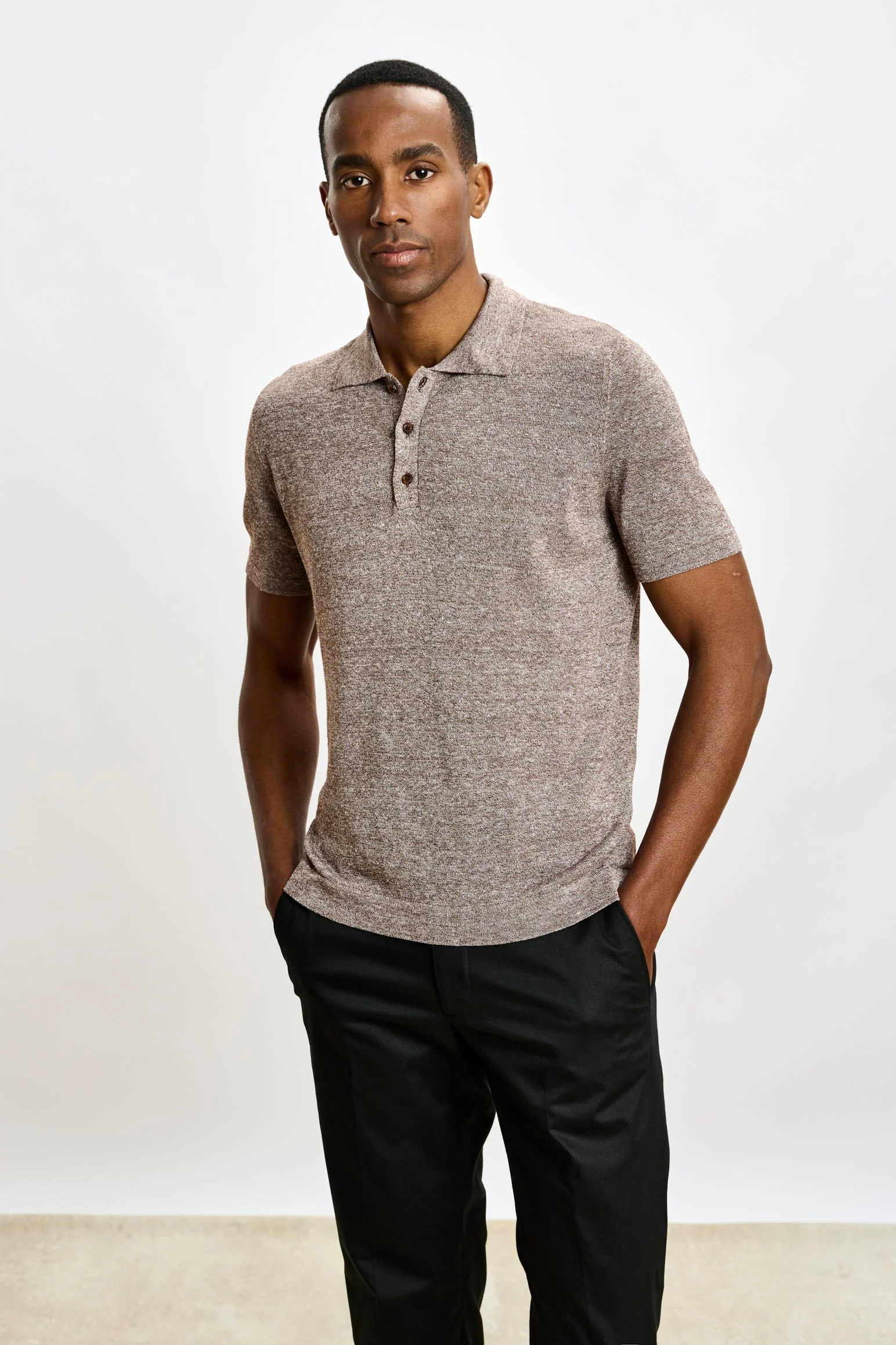 Brown Linen & Cotton Kelso Knitwear Polo - Image 2