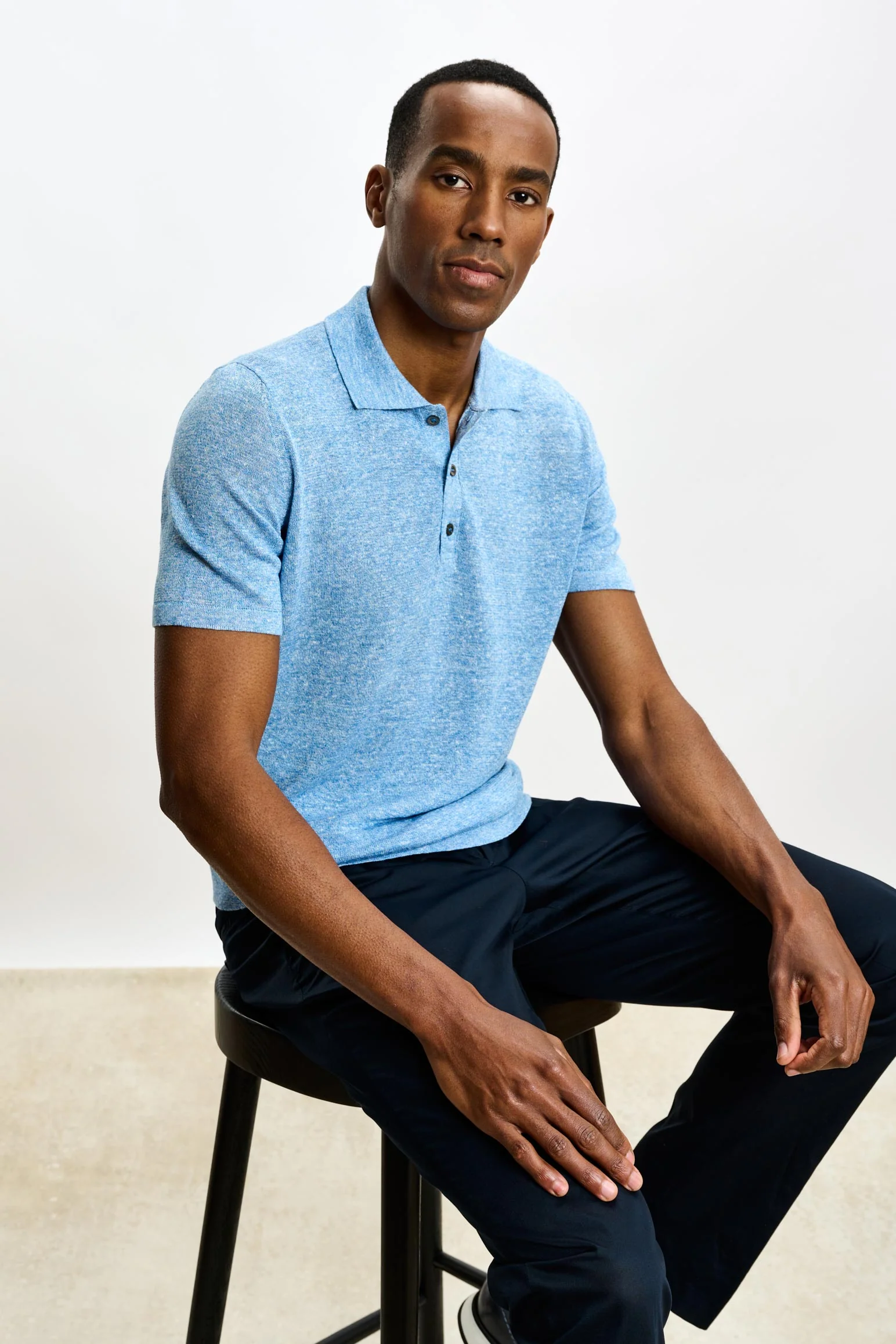 Cerulean Melange Linen & Cotton Kelso Knitwear Polo - Image 5