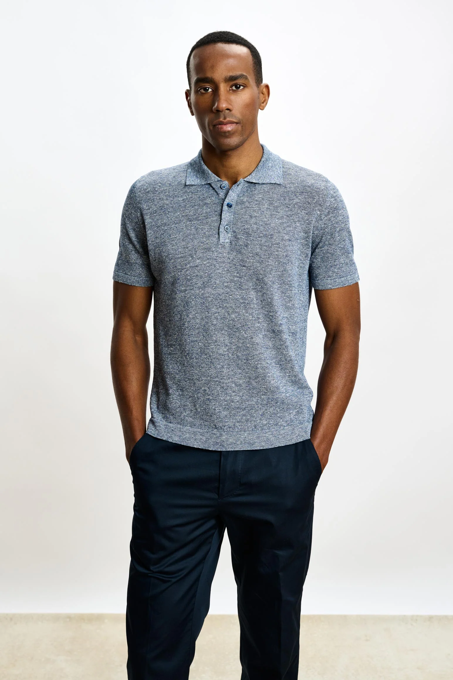 Navy Linen & Cotton Kelso Knitwear Polo - Image 2