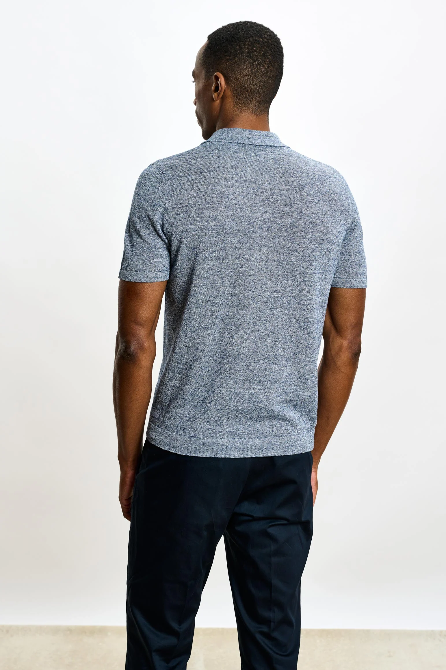 Navy Linen & Cotton Kelso Knitwear Polo - Image 4