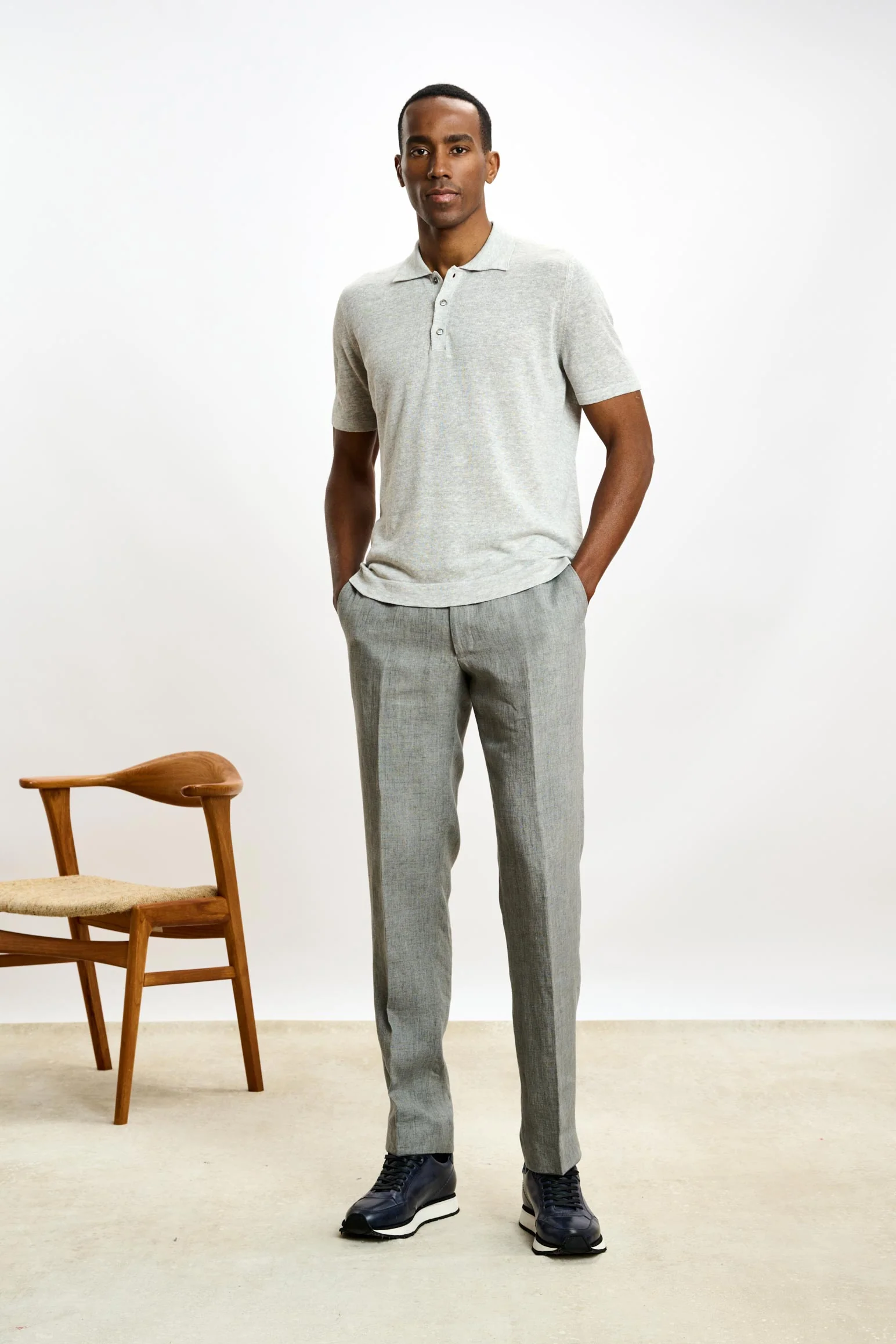 Navy Grey Linen & Cotton Kelso Knitwear Polo