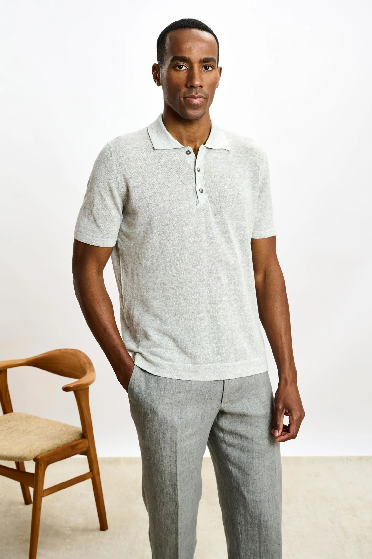 Navy Grey Linen & Cotton Kelso Knitwear Polo - Image 2