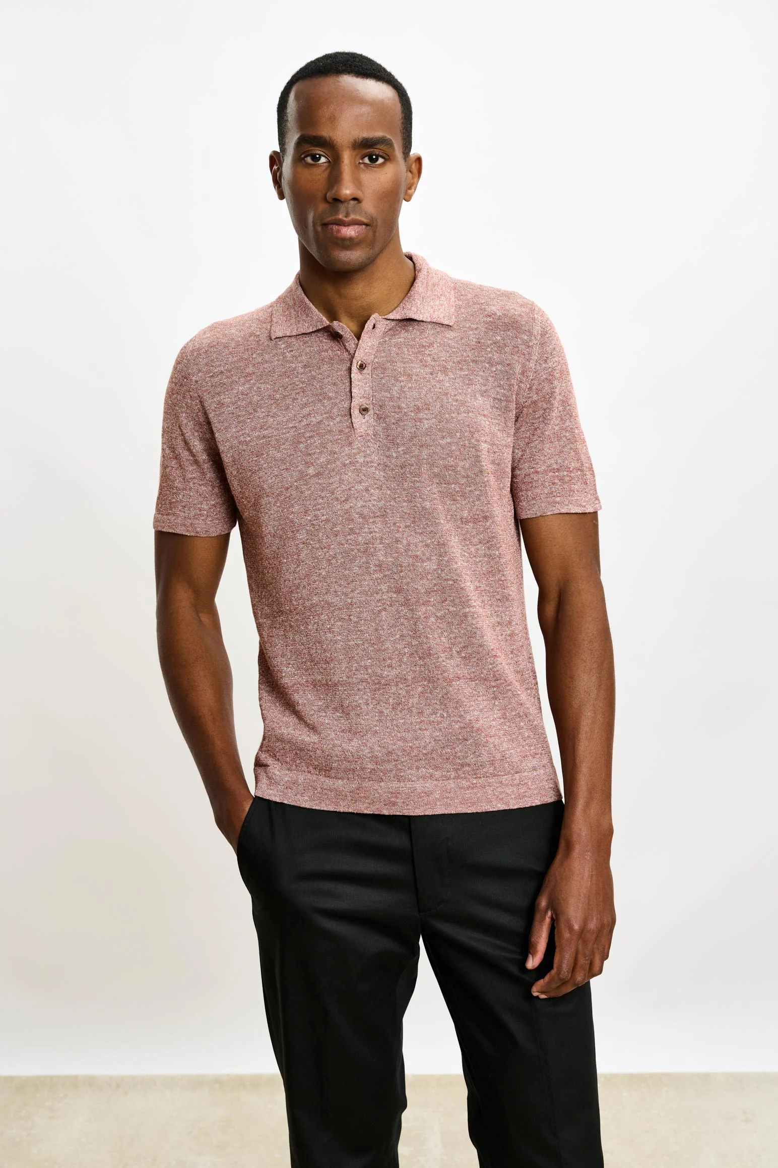Rust Melange Linen & Cotton Kelso Knitwear Polo - Image 2