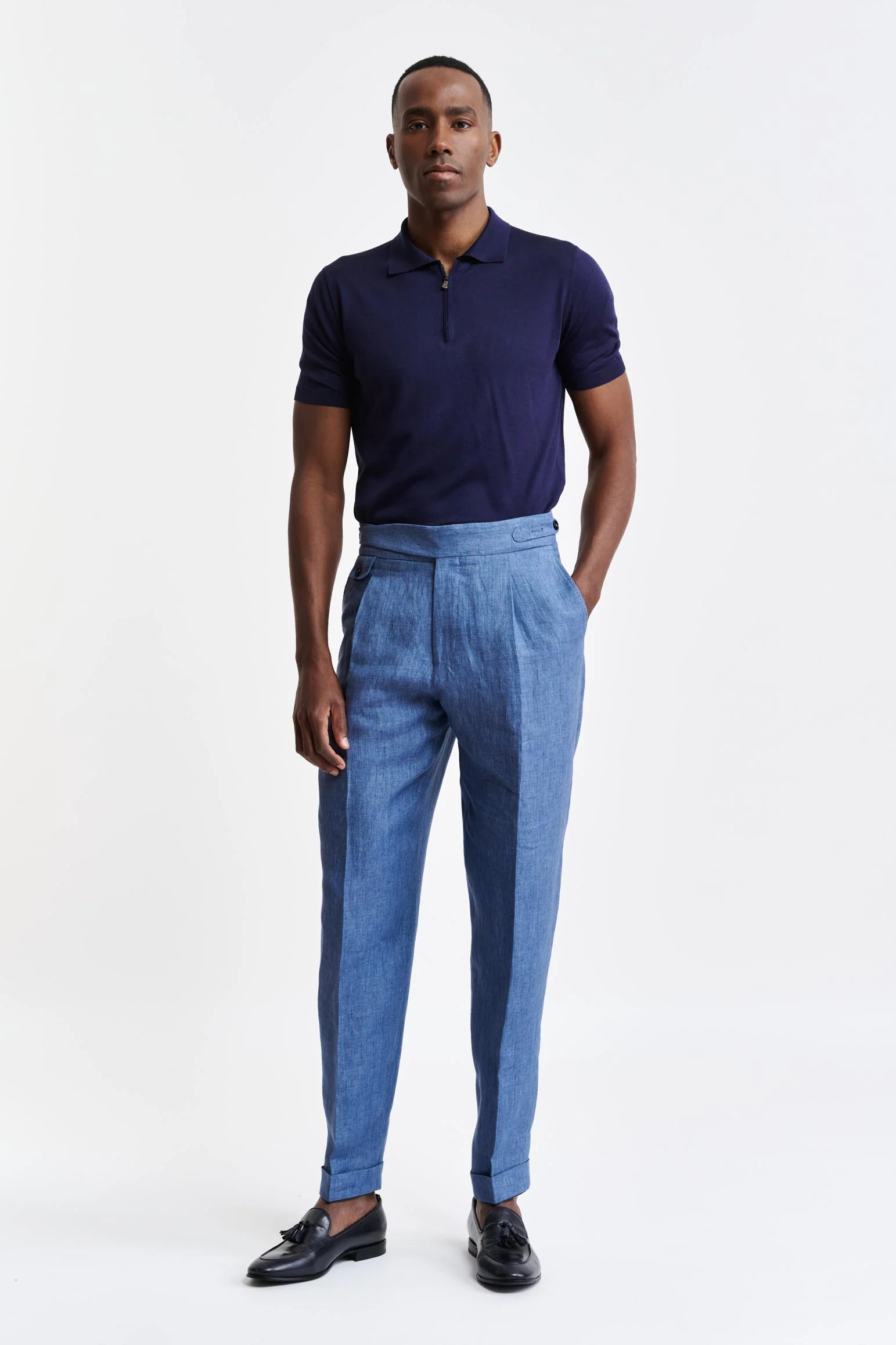 Medium Blue 100% Linen Gurkha Trousers Pure Linen - Image 2