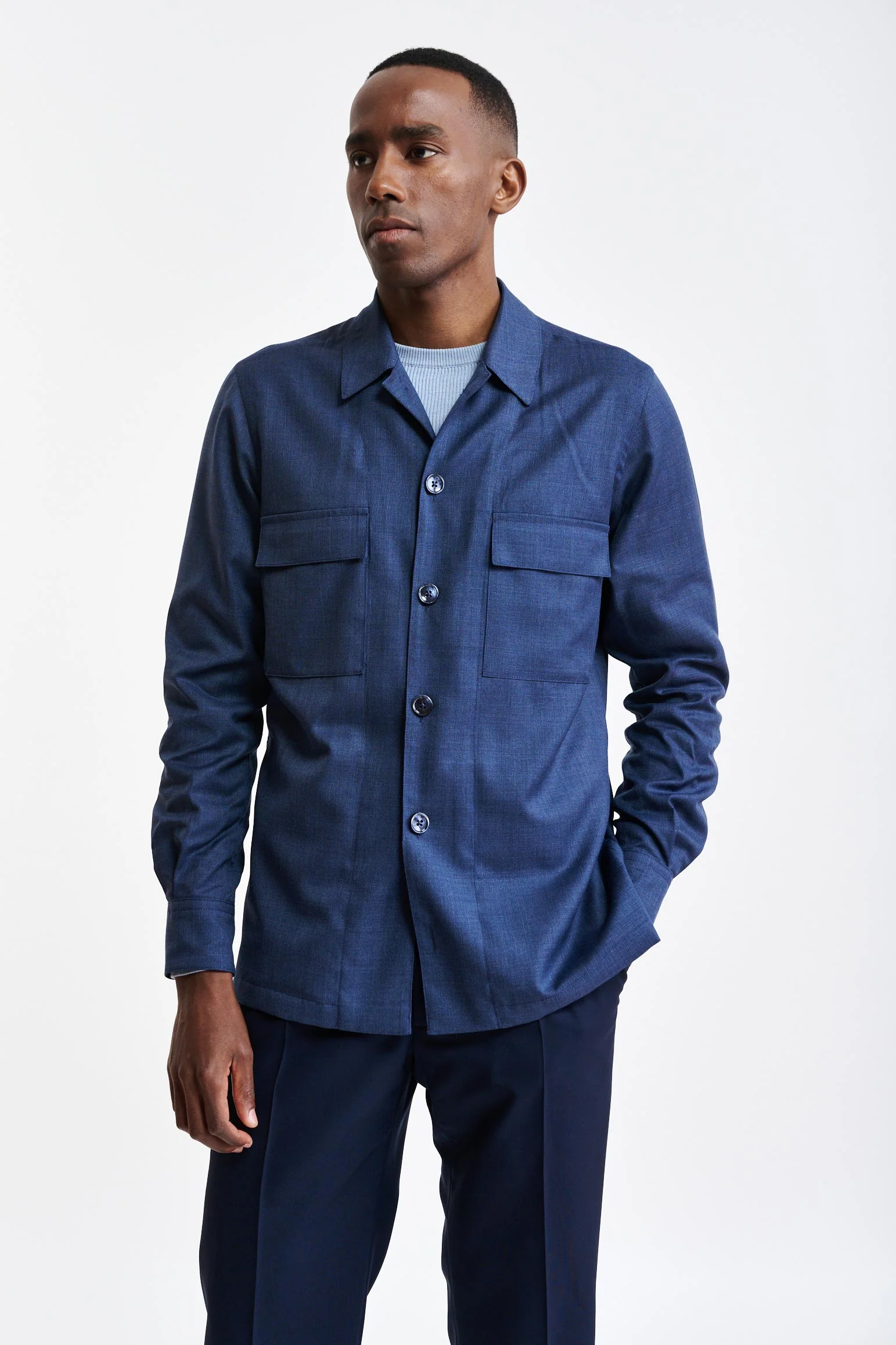 Medium Blue 100% Wool Plymouth Overshirt Image - Image 6