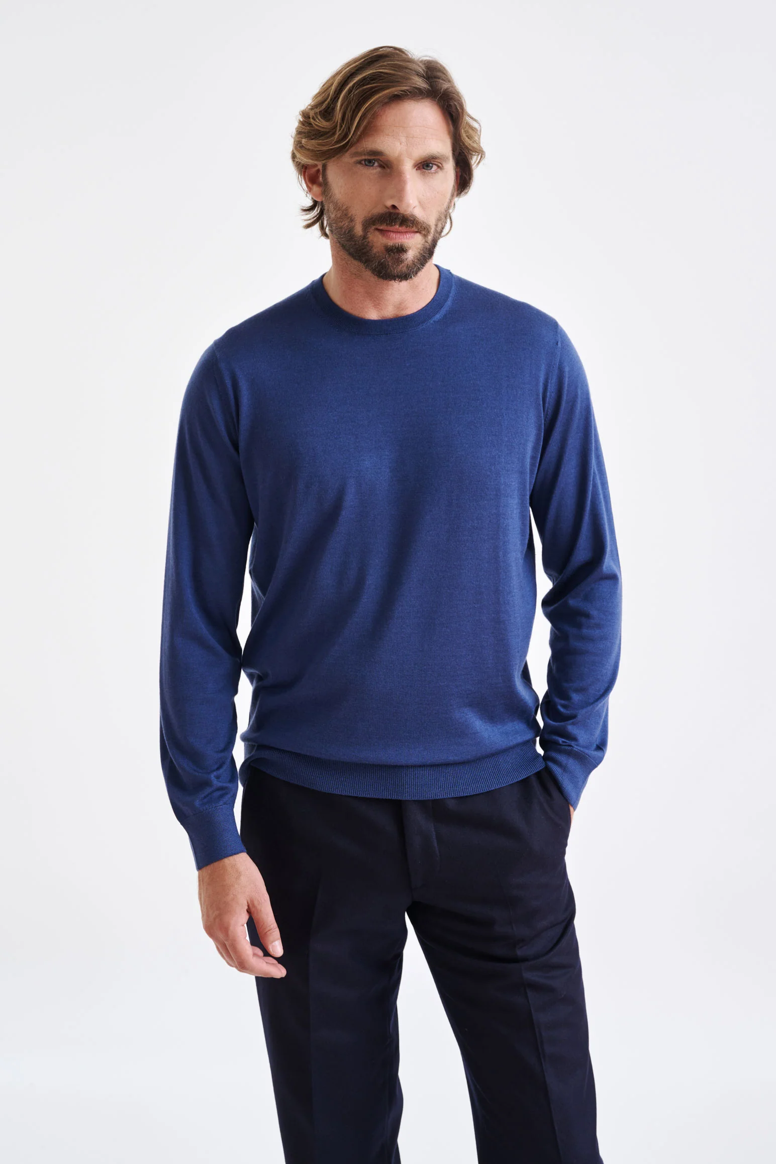 Metal Blue Cashmere Merino Silk Blend Crewe Sweater