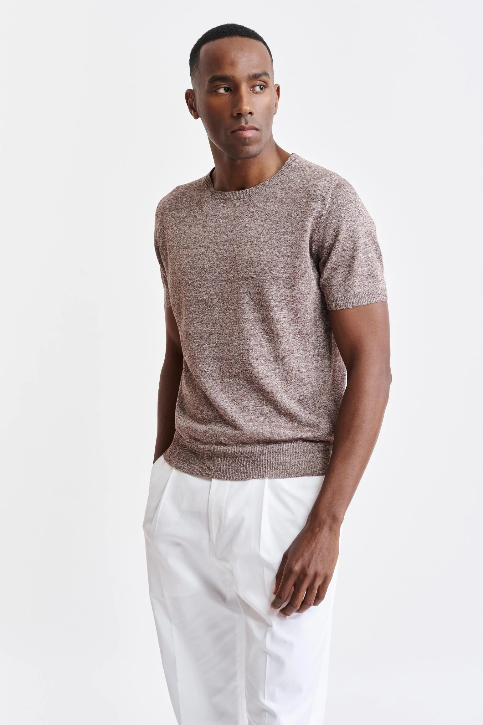 Mid Brown Melange Linen & Cotton Crewneck Sefton Knitwear