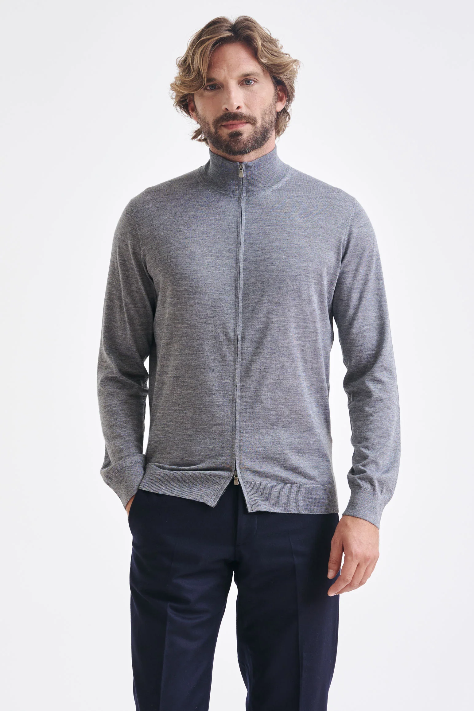 Mid-Grey Melange Cashmere & Silk Repton Fullzip Sweater