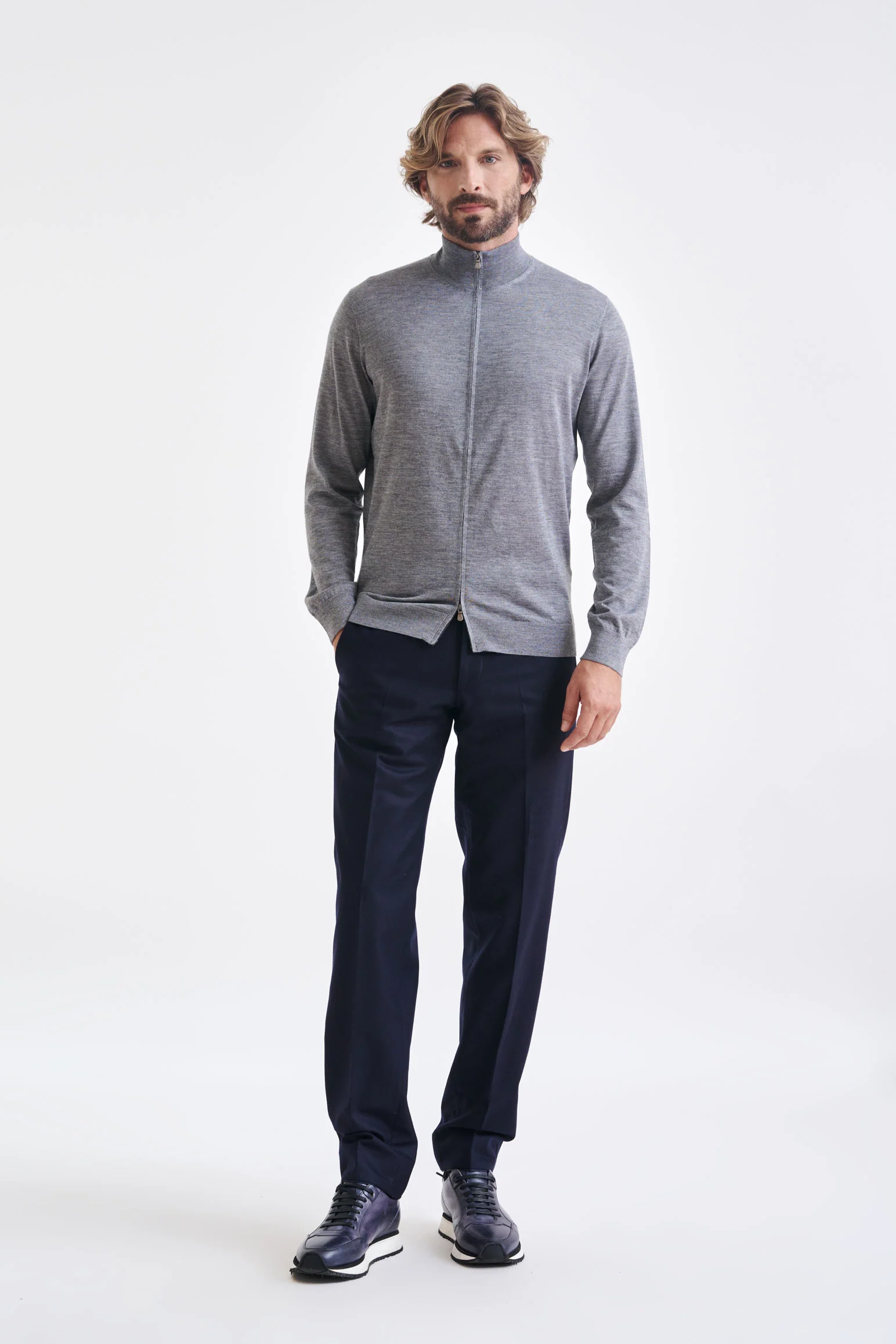 Mid-Grey Melange Cashmere & Silk Repton Fullzip Sweater - Image 3