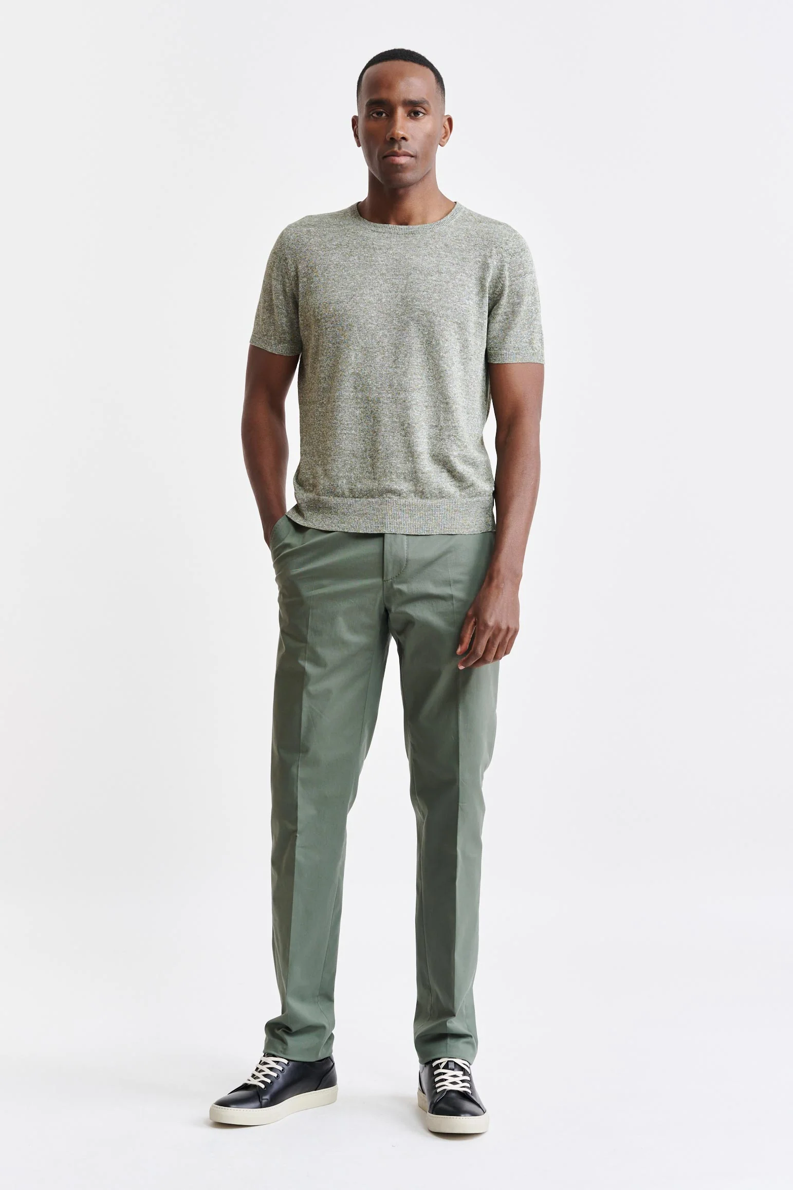 Military Green Melange Linen & Cotton Crewneck Sefton Knitwear - Image 2