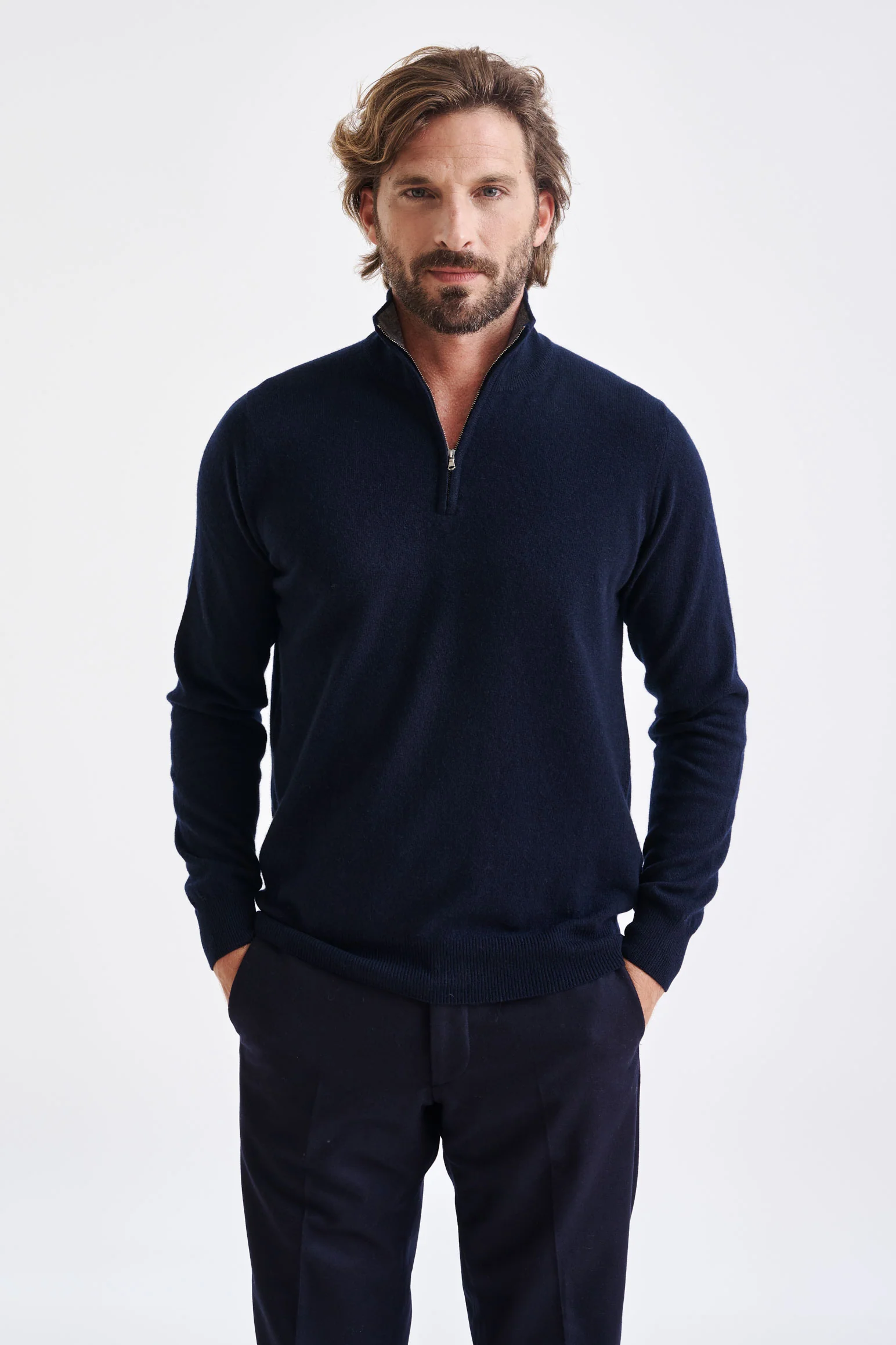 Navy Wool & Cashmere Plockton Zipped Mock Neck Sweater
