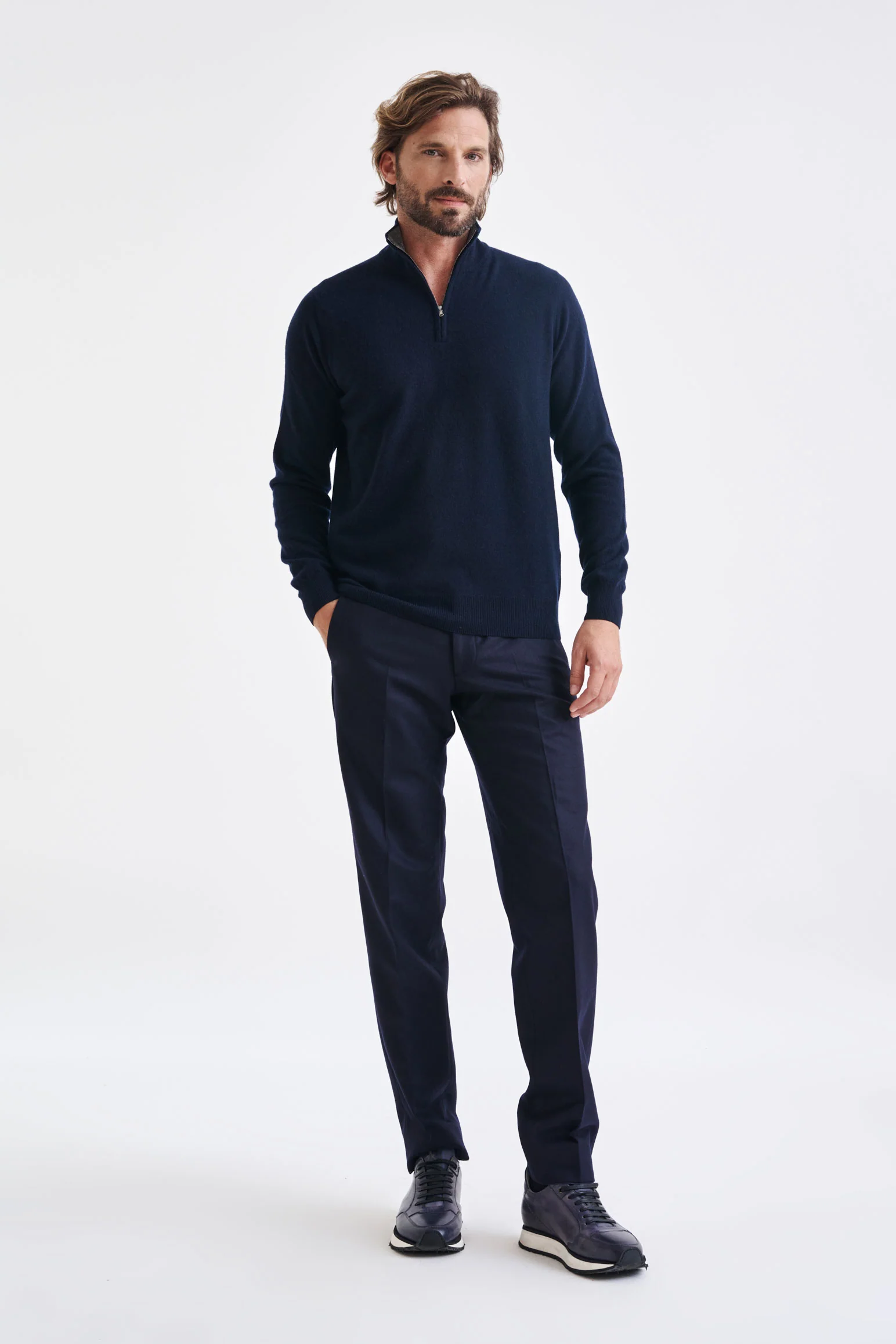 Navy Wool & Cashmere Plockton Zipped Mock Neck Sweater - Image 3