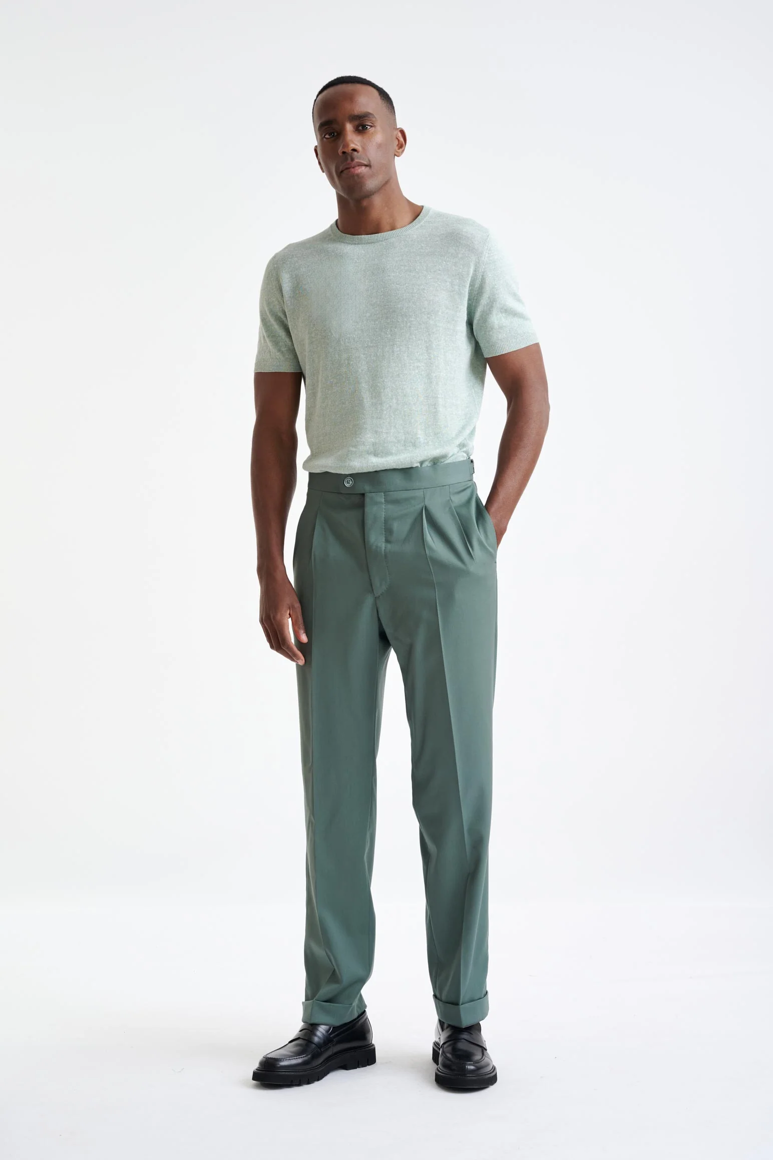 Sage Green Super 100's Wool Farley Trousers New Deluxe - Image 2