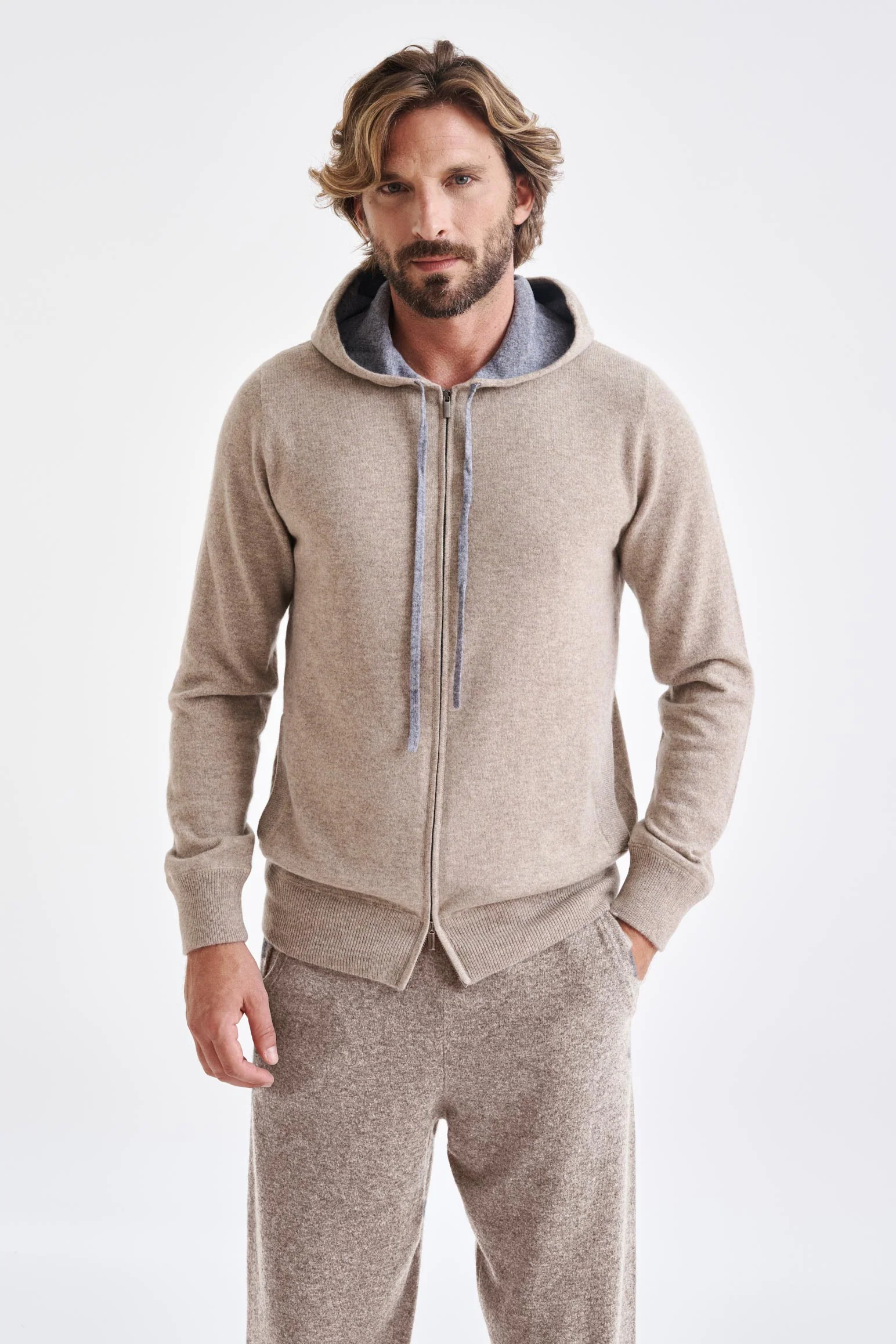 Sand Melange 100% Cashmere Fowey Zipped Hoodie Knit