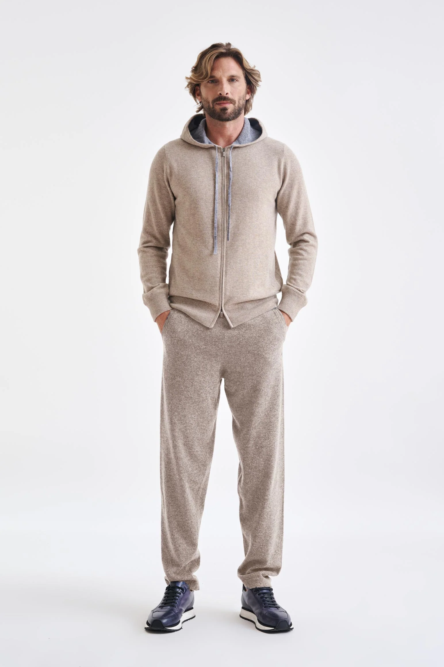 Sand Melange 100% Cashmere Fowey Zipped Hoodie Knit - Image 2