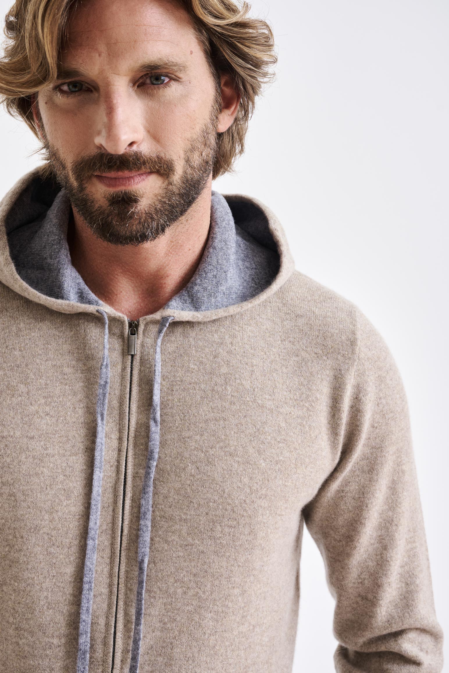 Sand Melange 100% Cashmere Fowey Zipped Hoodie Knit - Image 3