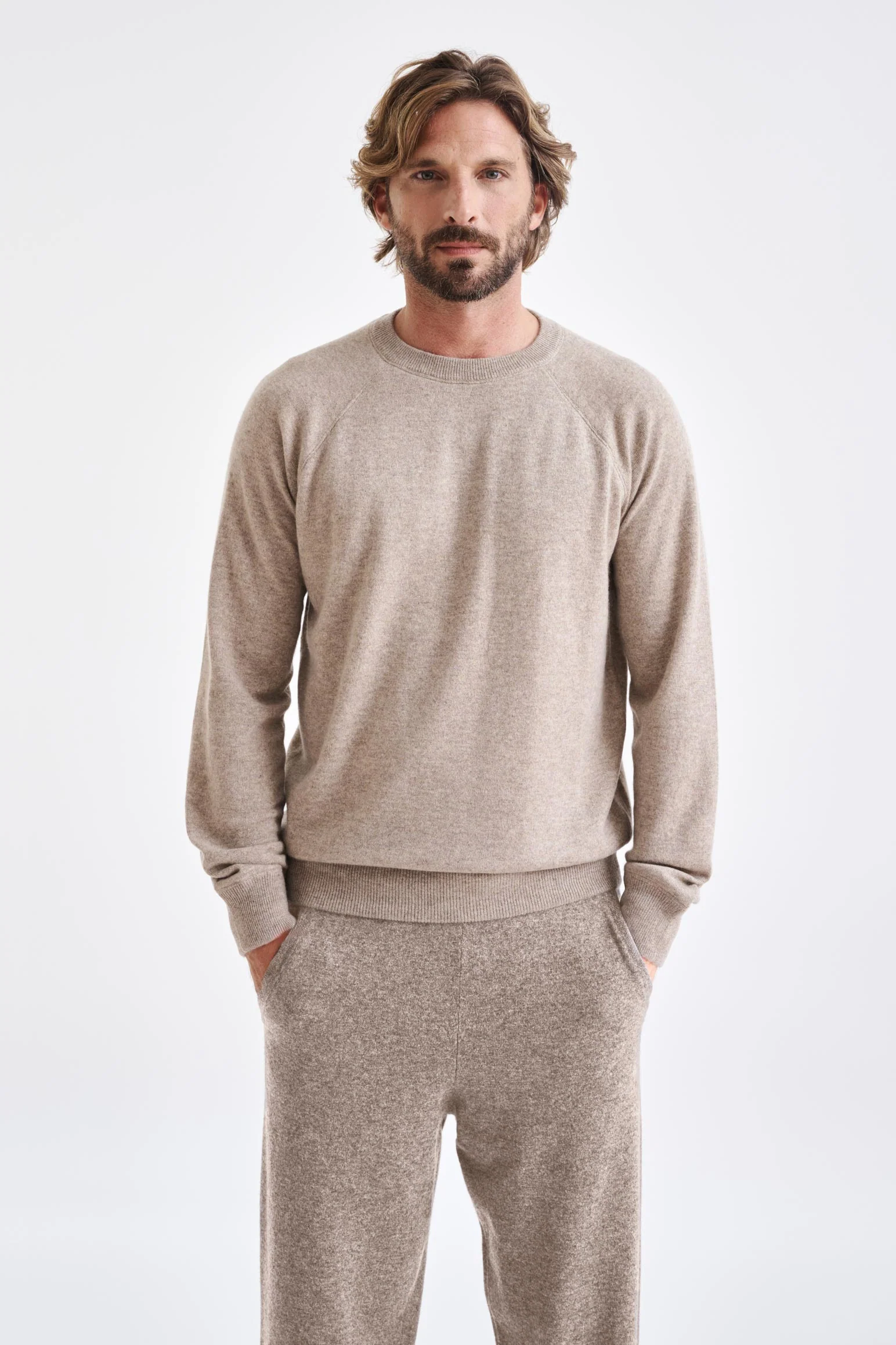 Sand Melange 100% Cashmere Whitby Crewneck Sweater