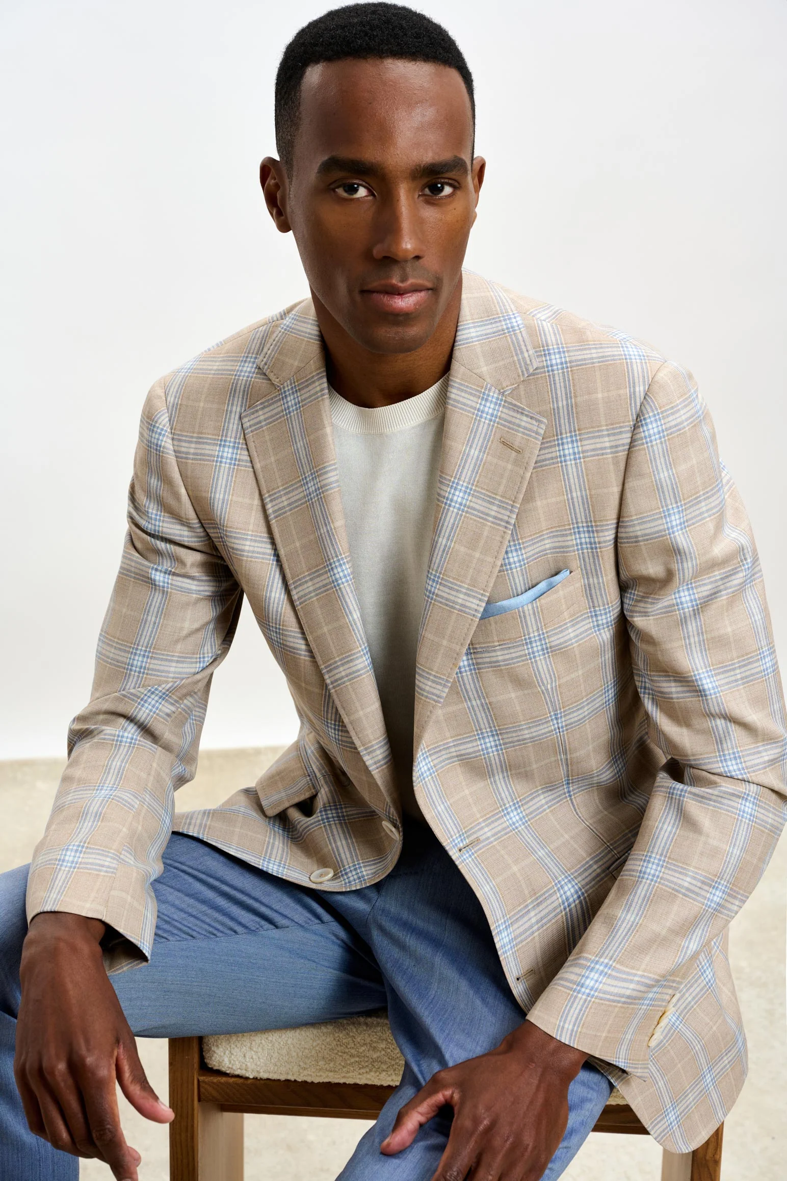 Light Beige & Blue Check Soho Jacket Mosaic - Image 8