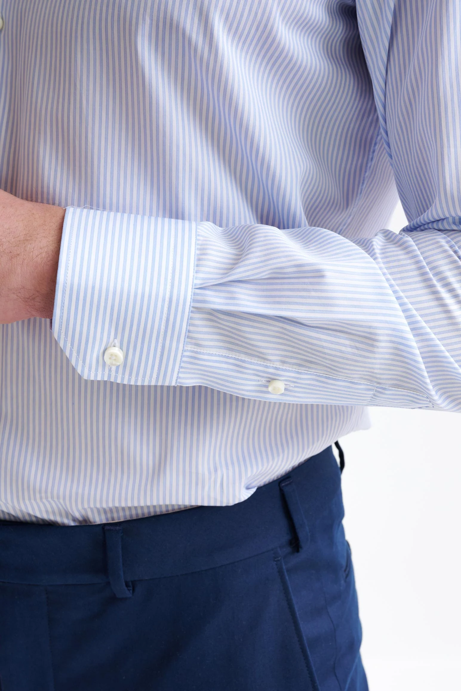 Striped White & Blue 100% Cotton Poplin Formal Shirt - Image 4
