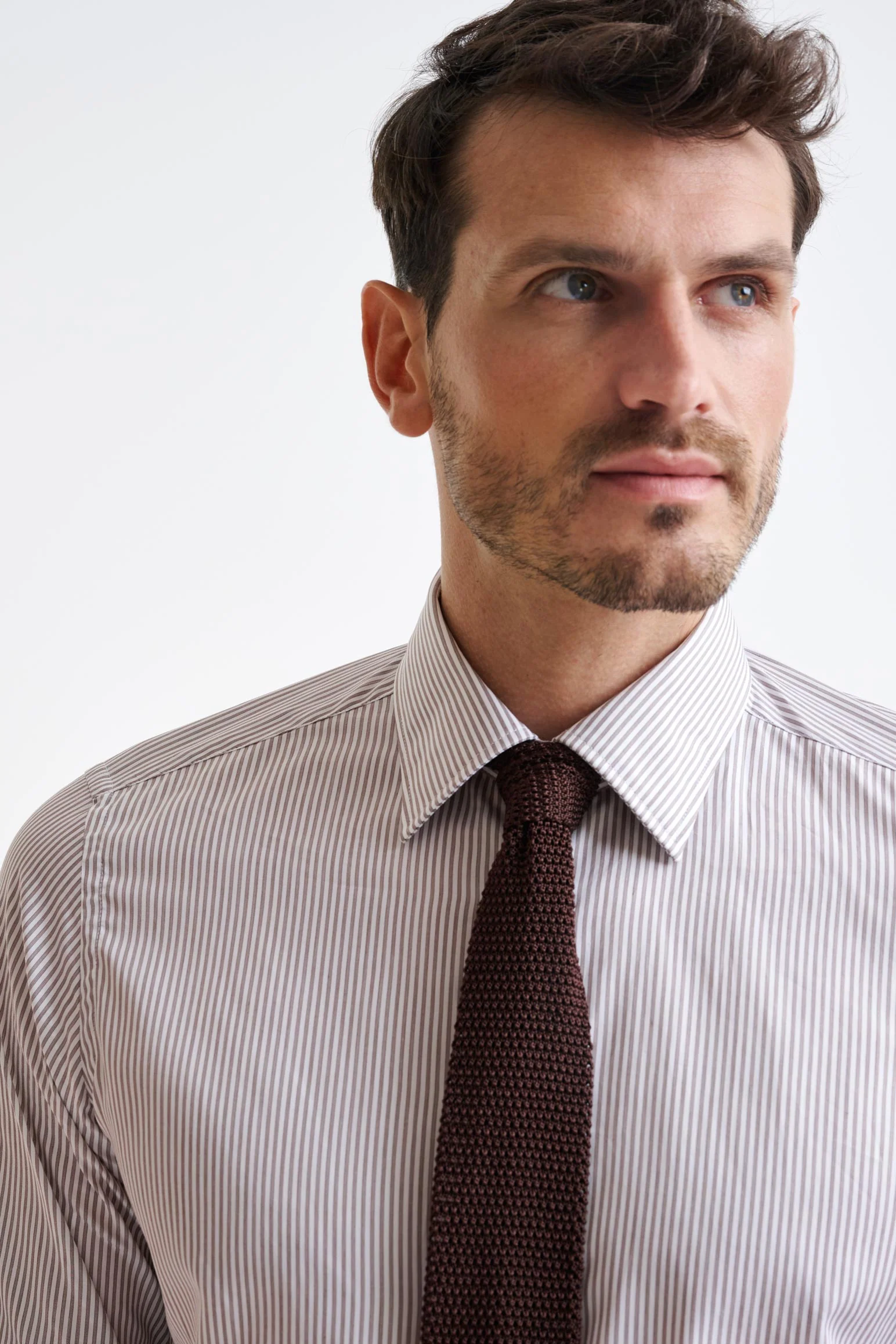 Striped White & Brown 100% Cotton Herringbone Formal Shirt - Image 3
