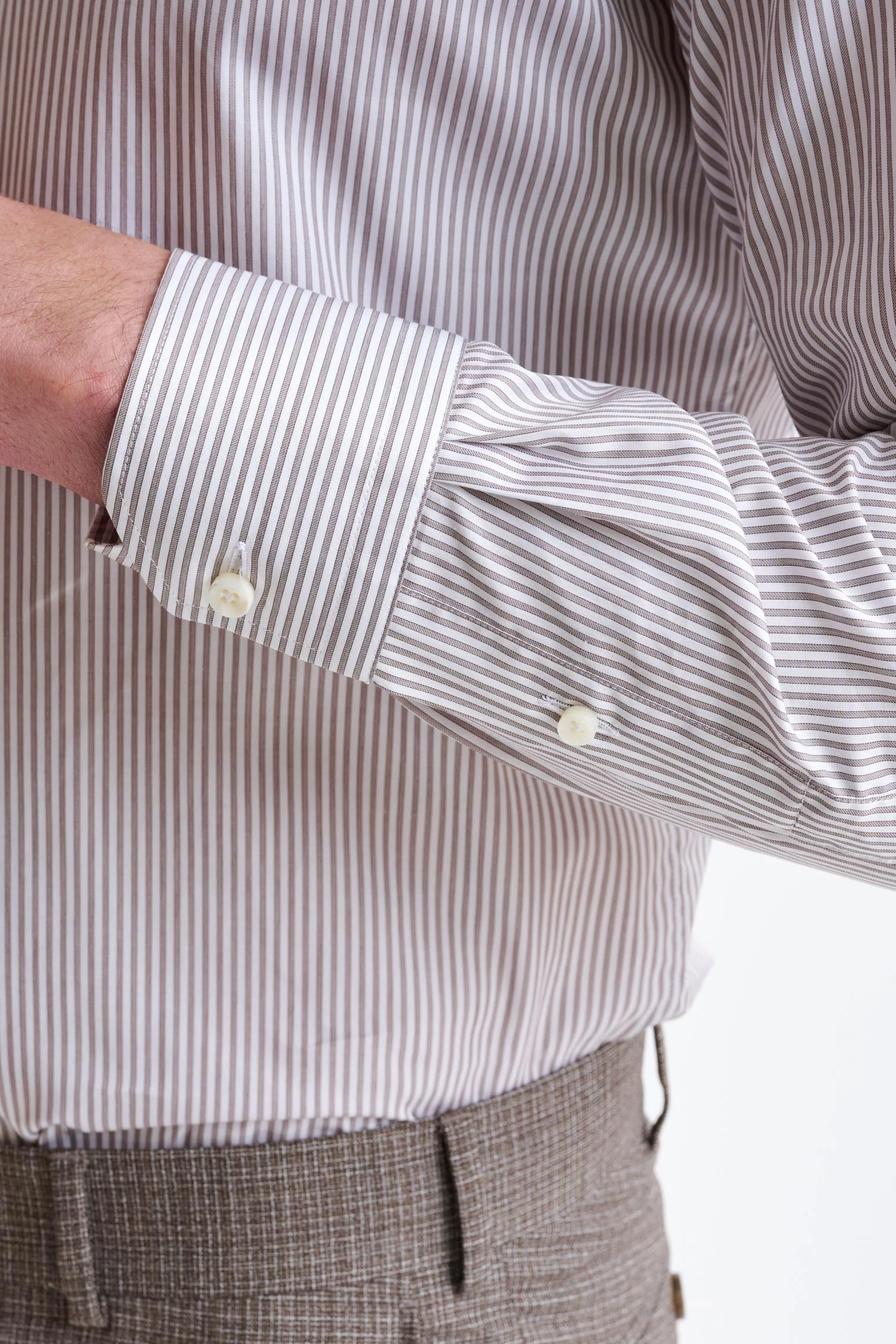 Striped White & Brown 100% Cotton Herringbone Formal Shirt - Image 4