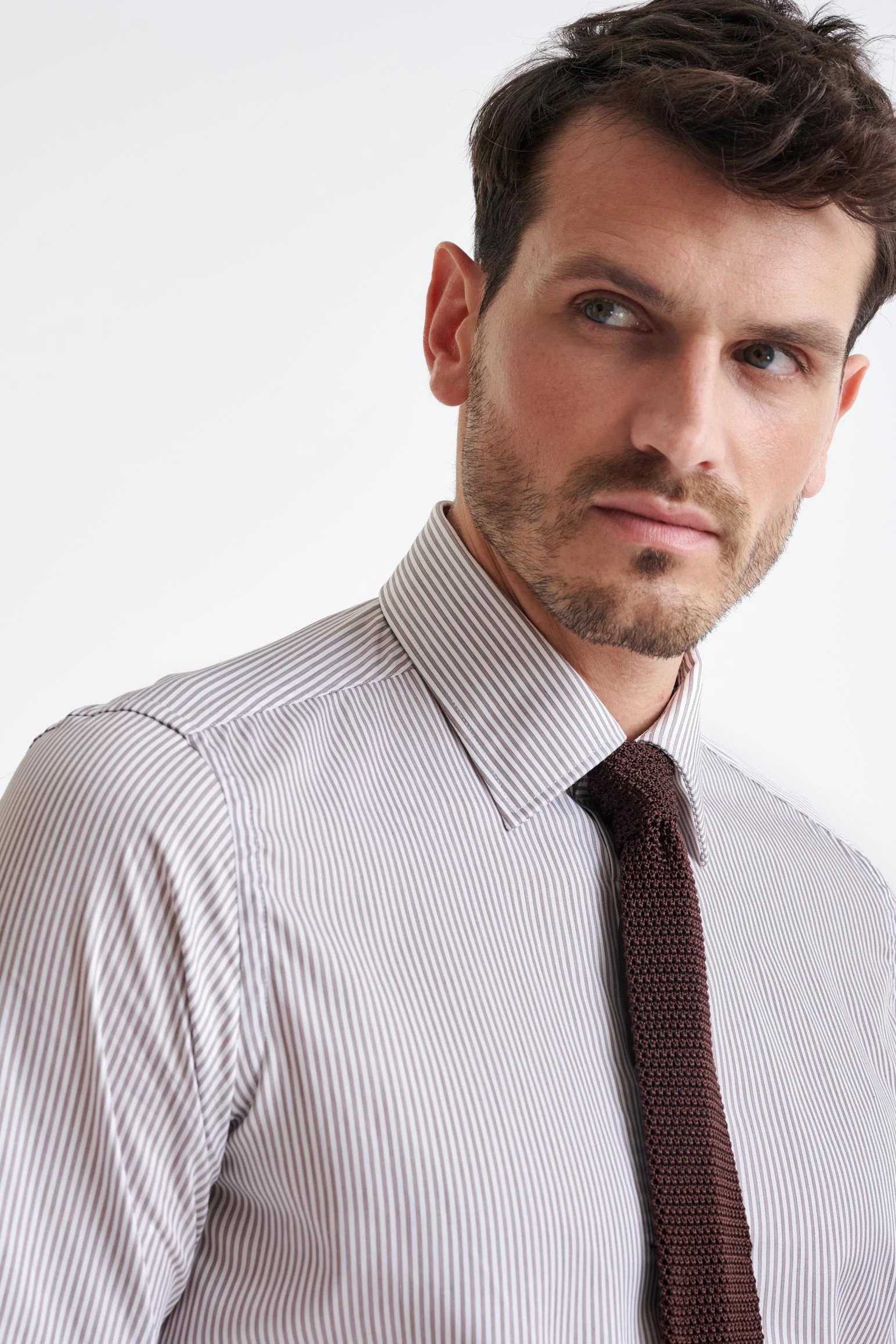 Striped White & Brown 100% Cotton Herringbone Formal Shirt - Image 5