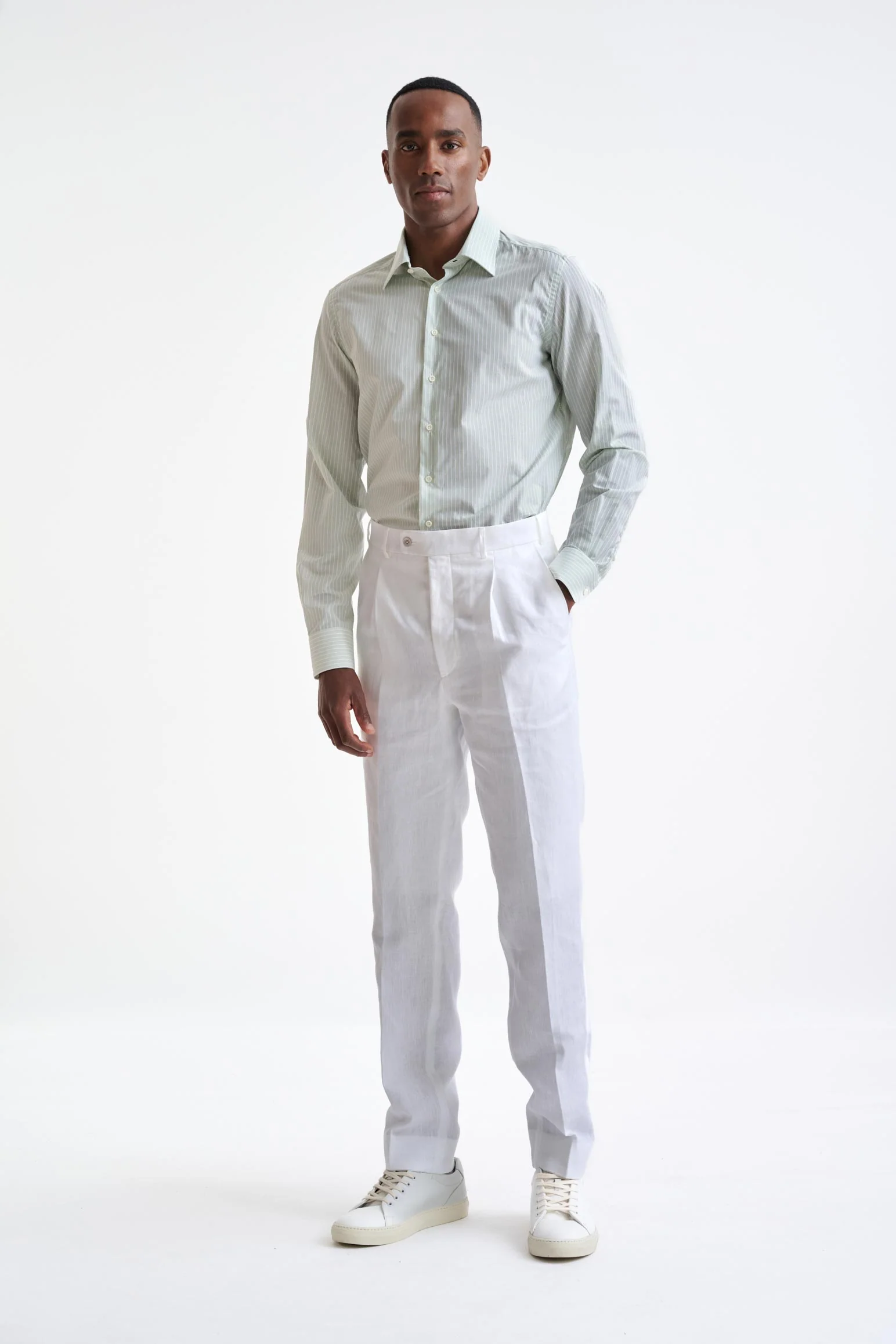 Striped White & Green 100% Cotton Oxford Formal Shirt - Image 2