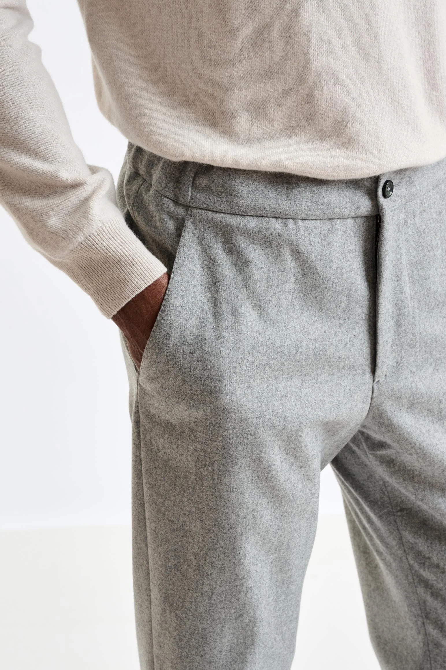 Light Grey 100% Wool Perth Drawstring Trousers Flannel Saxony - Image 4